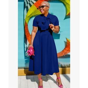 NEW Blue Elegant Short Sleeve Career A-Line Dress Pockets M